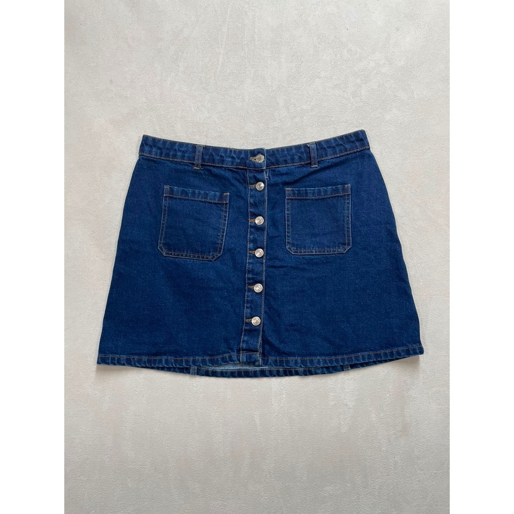 Denim Co Blue Button Front Mini Skirt Cotton A-Line Pockets Size 12 US